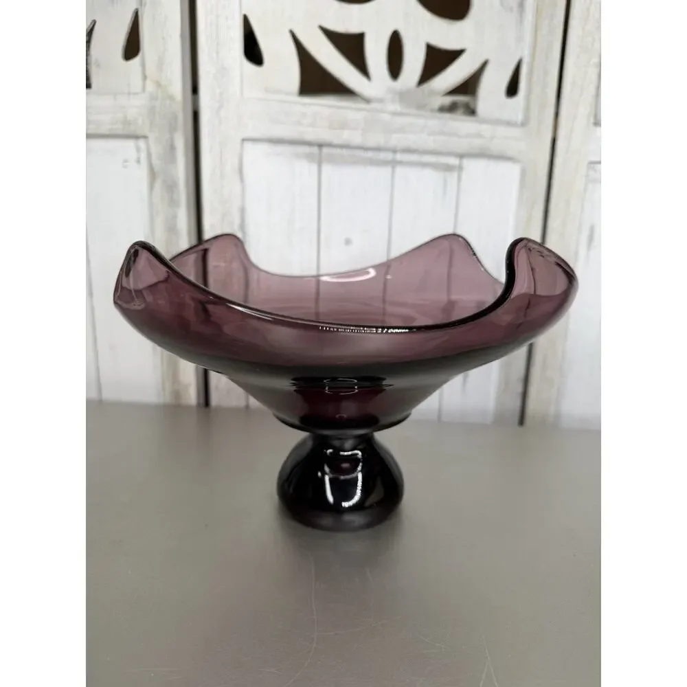 Amethyst Viking Glass Epic Wave Heavy Footed Pedestal Bowl VTG Purple